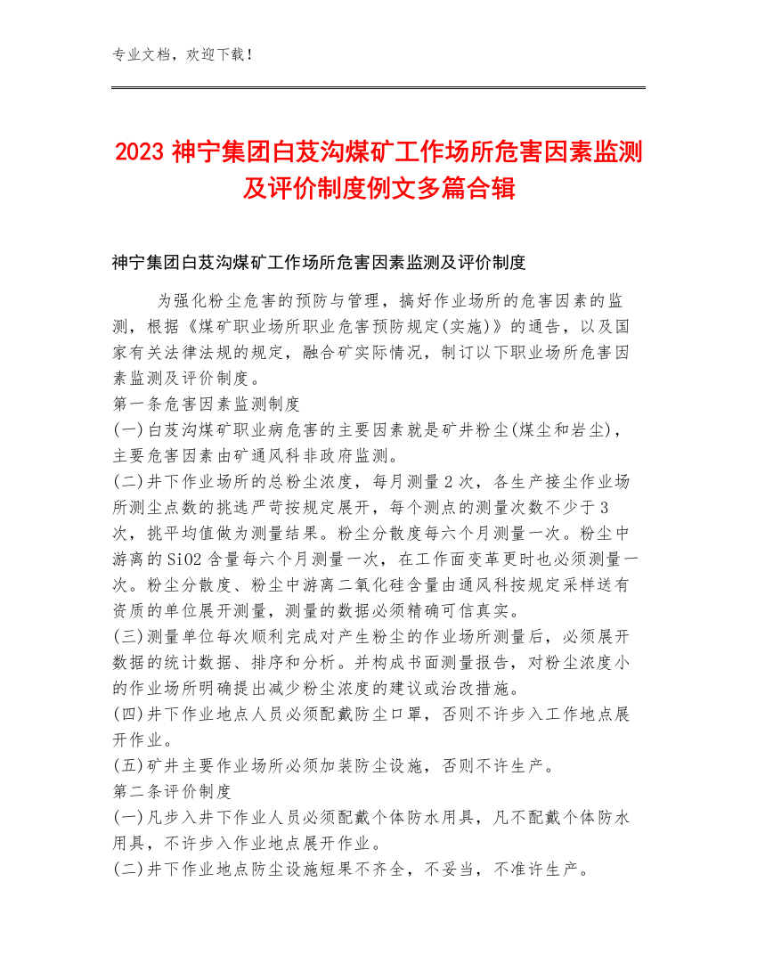 2023神宁集团白芨沟煤矿工作场所危害因素监测及评价制度例文多篇合辑