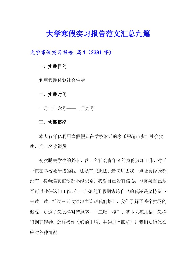 大学寒假实习报告范文汇总九篇