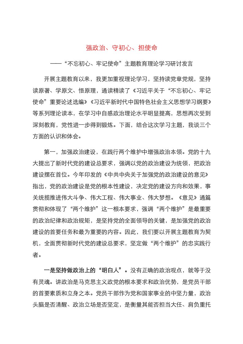 主题教育理论学习研讨发言强政治守初心担使命