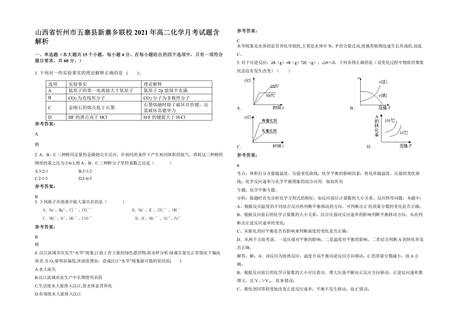 山西省忻州市五寨县新寨乡联校2021年高二化学月考试题含解析