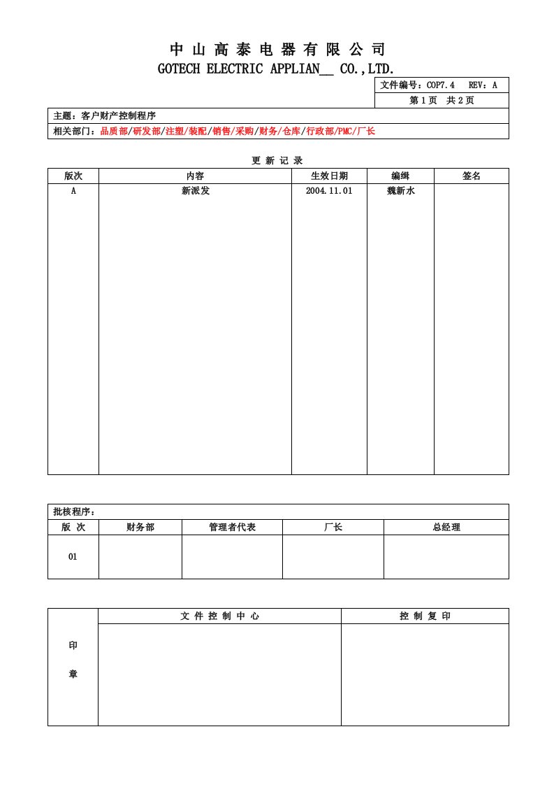 RoHS体系文件-COP7.4客户财产控制程序