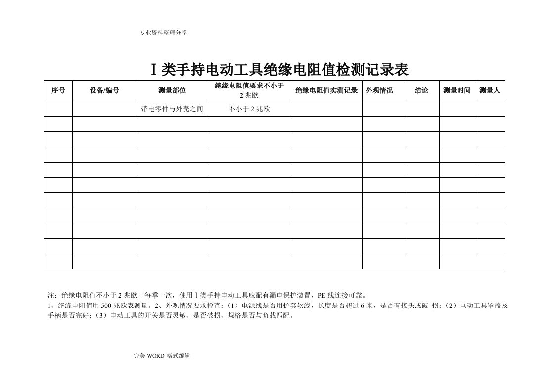 Ⅰ类手持电动工具绝缘电阻值检测记录文本表