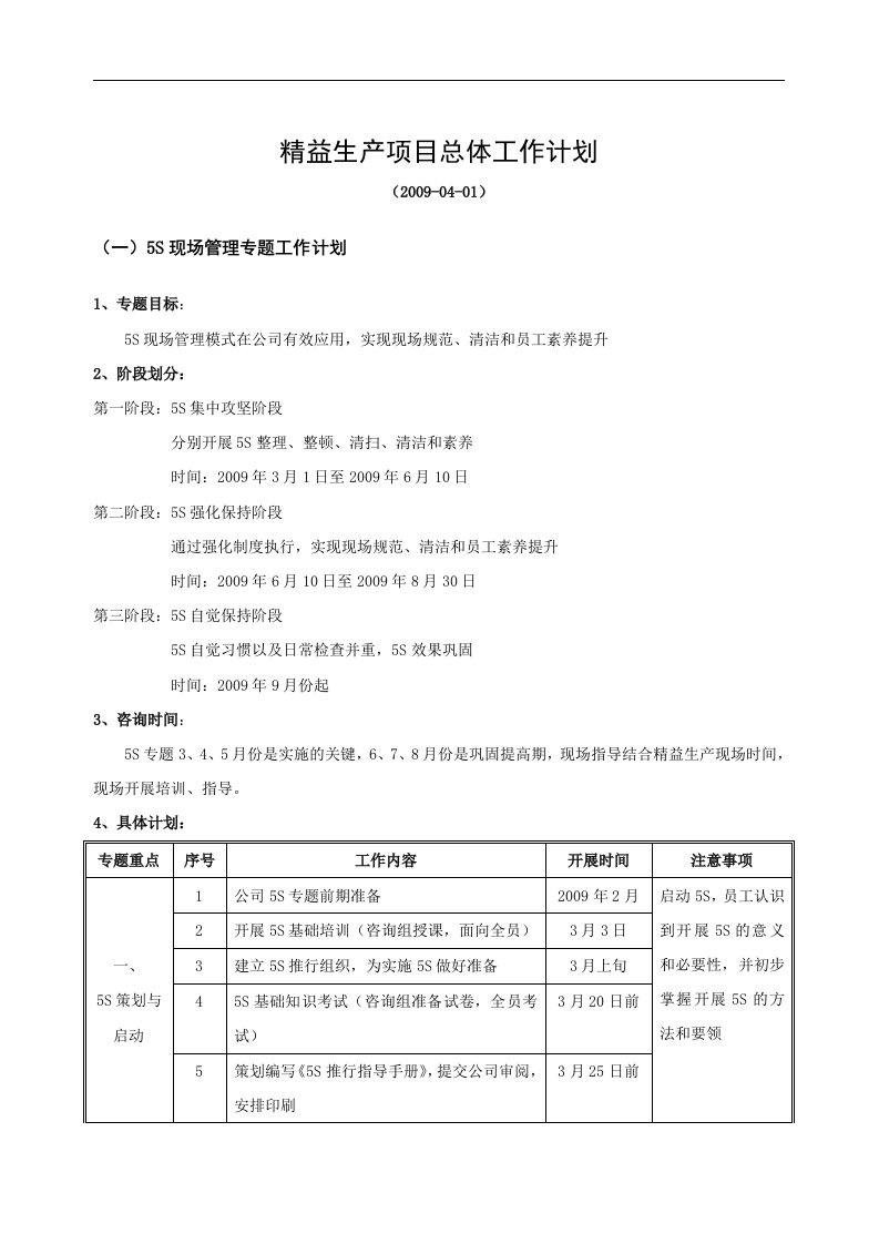 精益生产项目总体工作计划