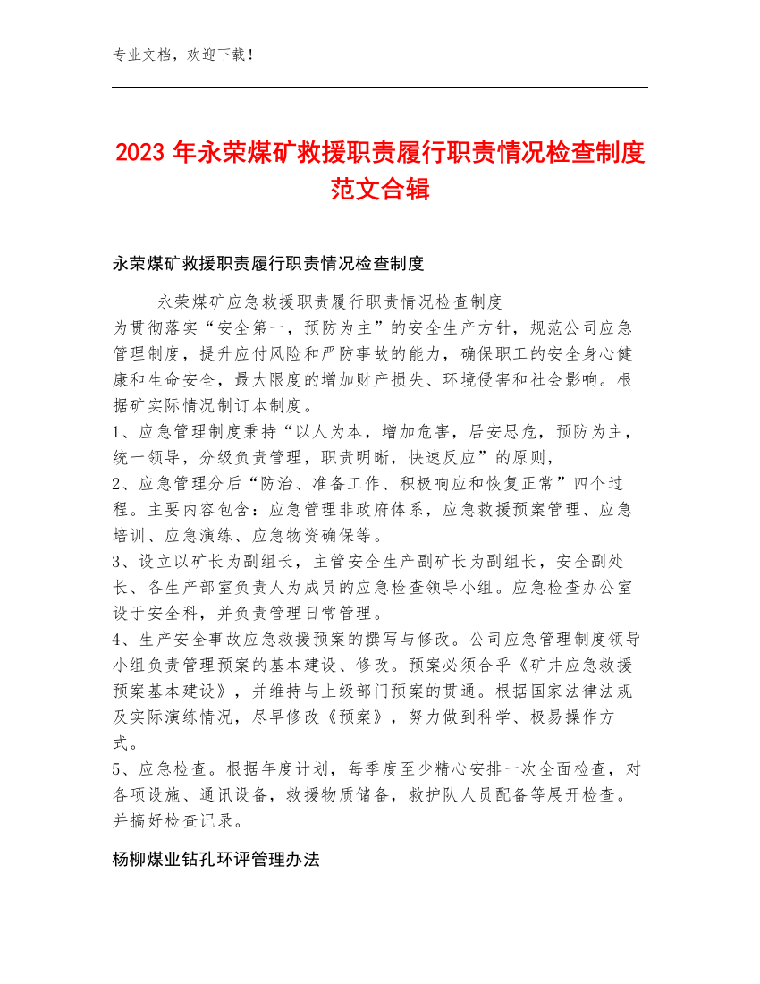 2023年永荣煤矿救援职责履行职责情况检查制度范文合辑