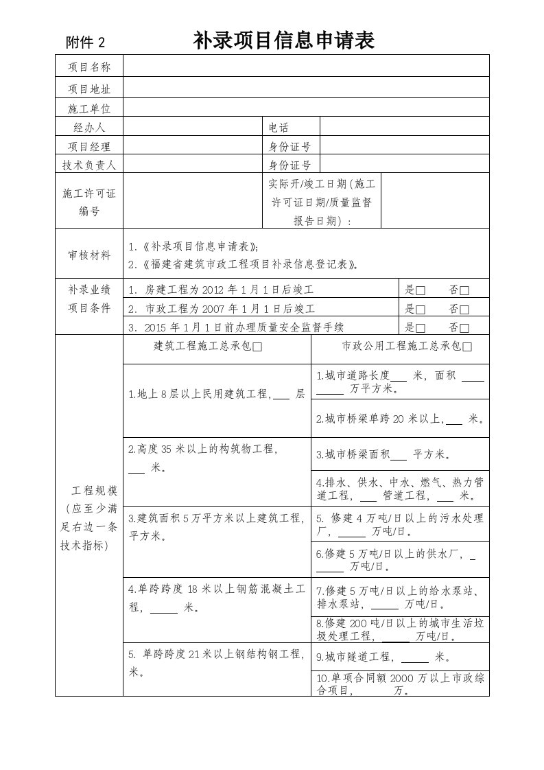 附件2补录项目信息申请表