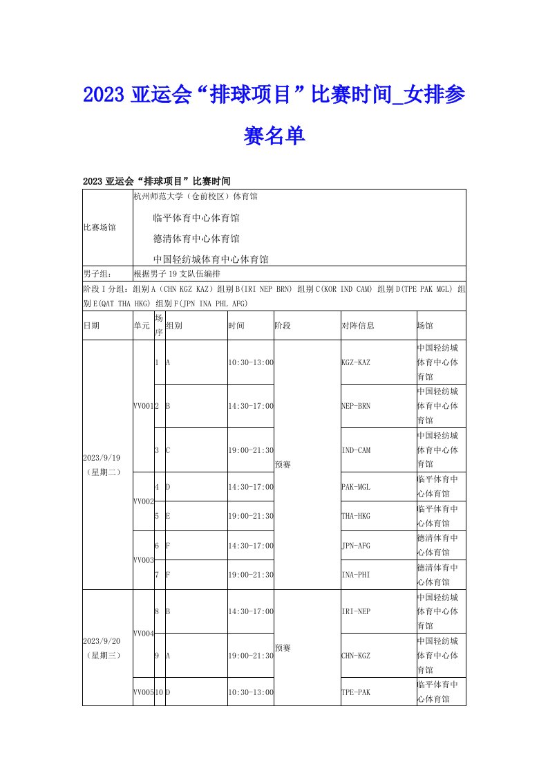 2023亚运会“排球项目”比赛时间_女排参赛名单