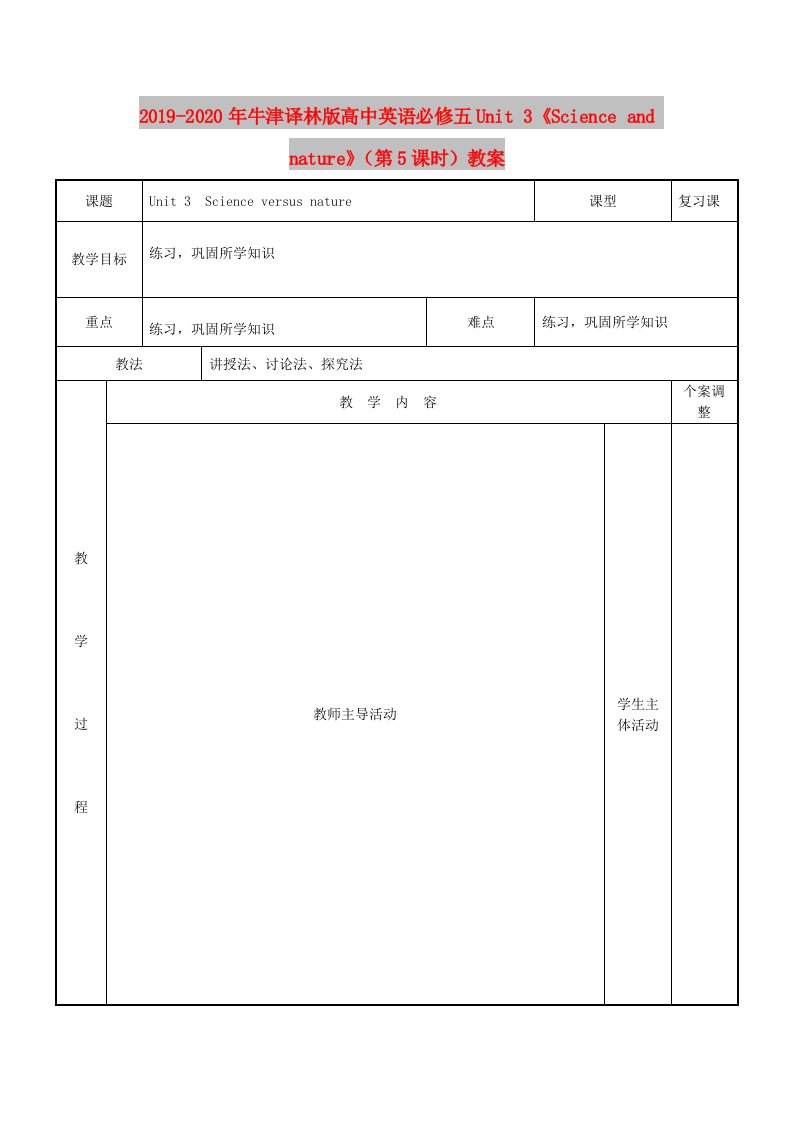 2019-2020年牛津译林版高中英语必修五Unit