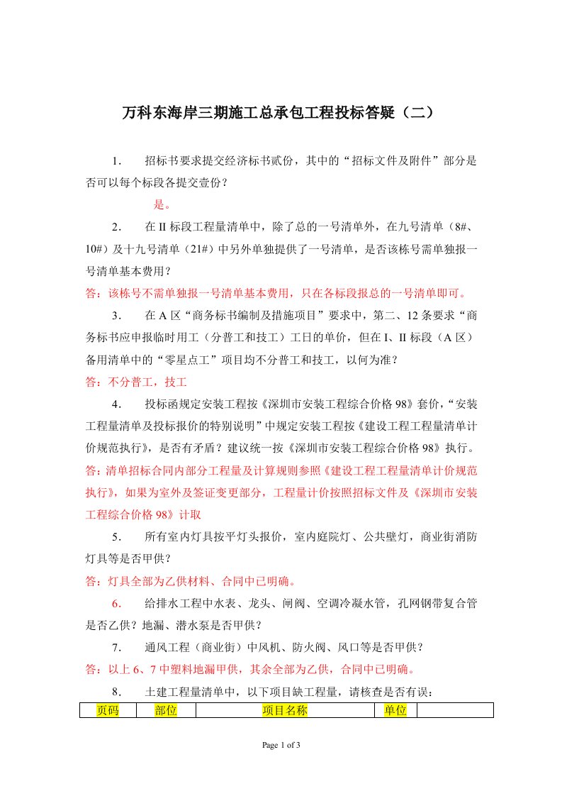 万科东海岸项目三期总包招标答疑2