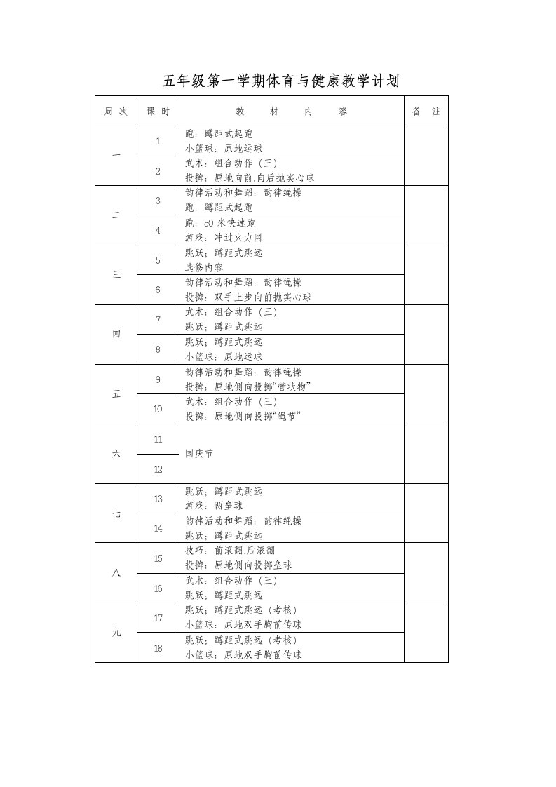 五年级第一学期体育与健康教学计划