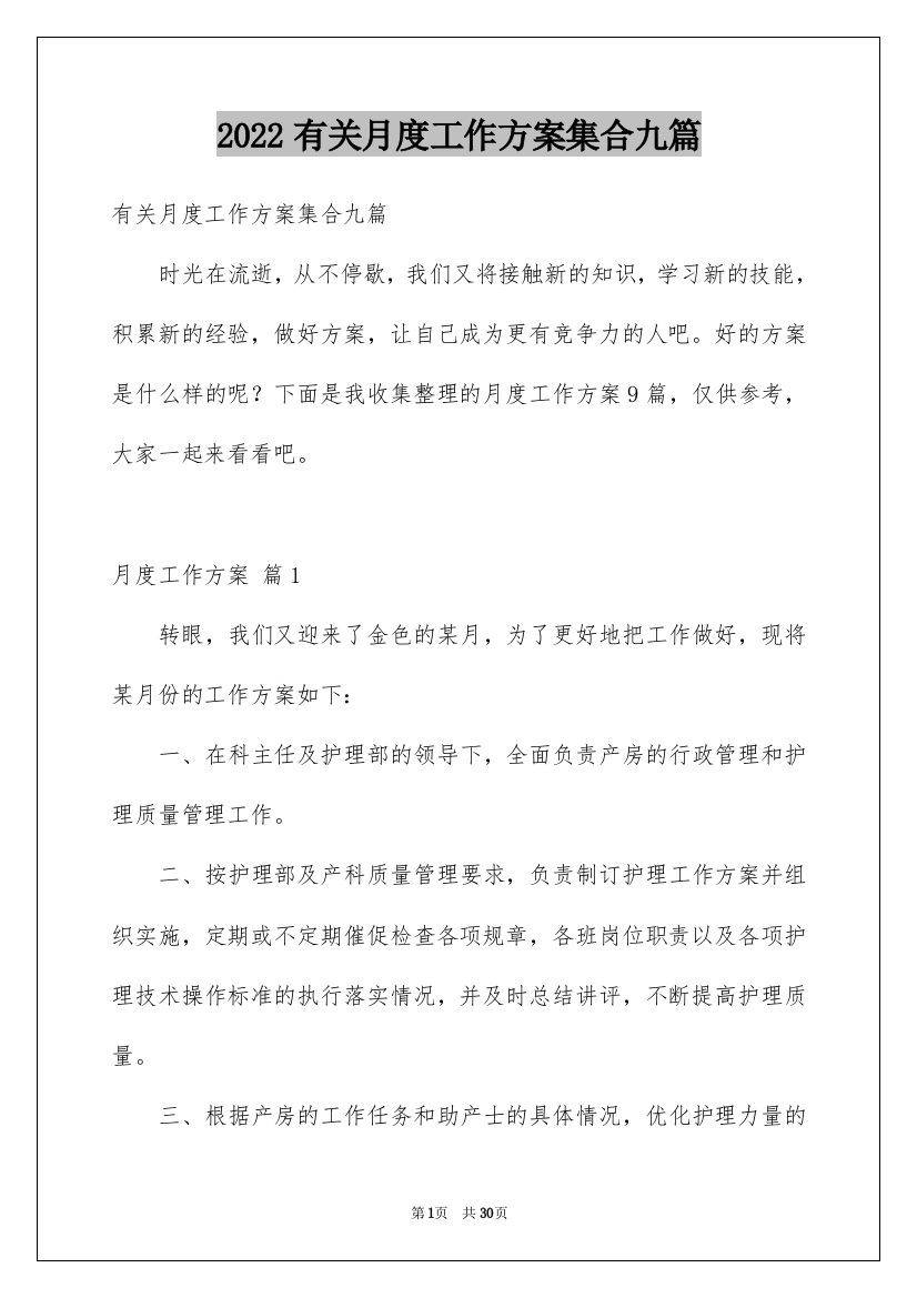 2022年有关月度工作计划集合九篇