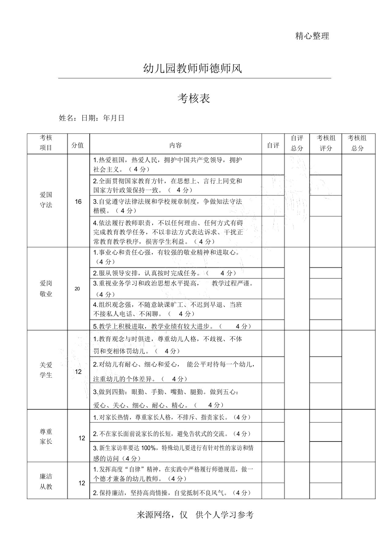 幼儿园教师师德师风考核表