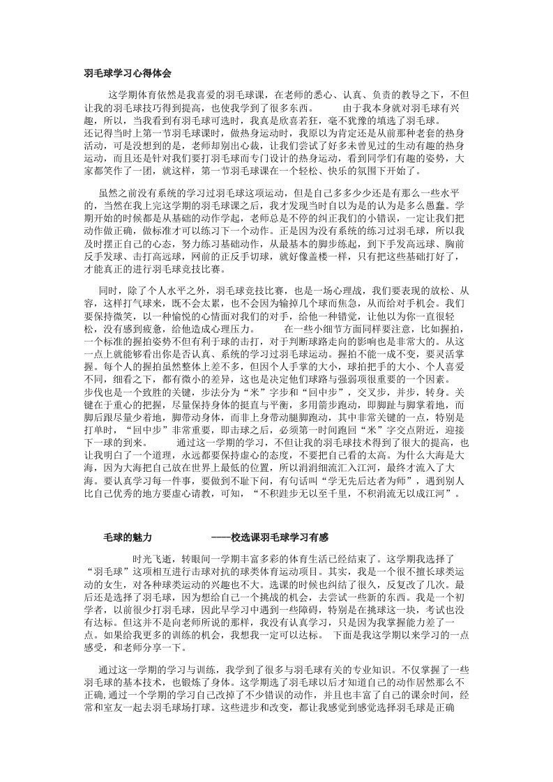 羽毛球学习心得体会