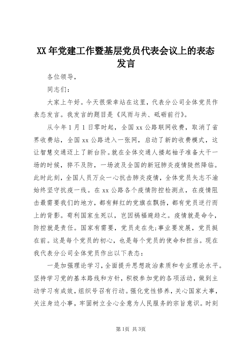 XX年党建工作暨基层党员代表会议上的表态发言