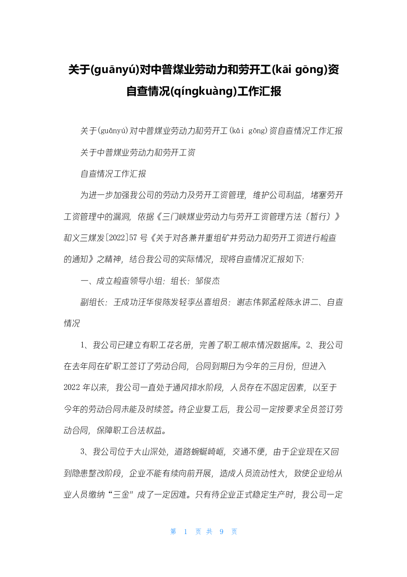 关于对中普煤业有限公司劳动力和劳动工资自查情况工作汇报