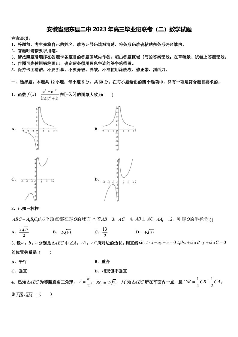 安徽省肥东县二中2023年高三毕业班联考（二）数学试题含解析