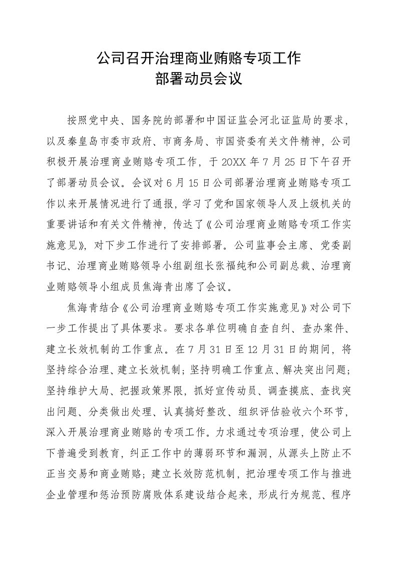 公司治理-公司召开治理商业贿赂专项工作