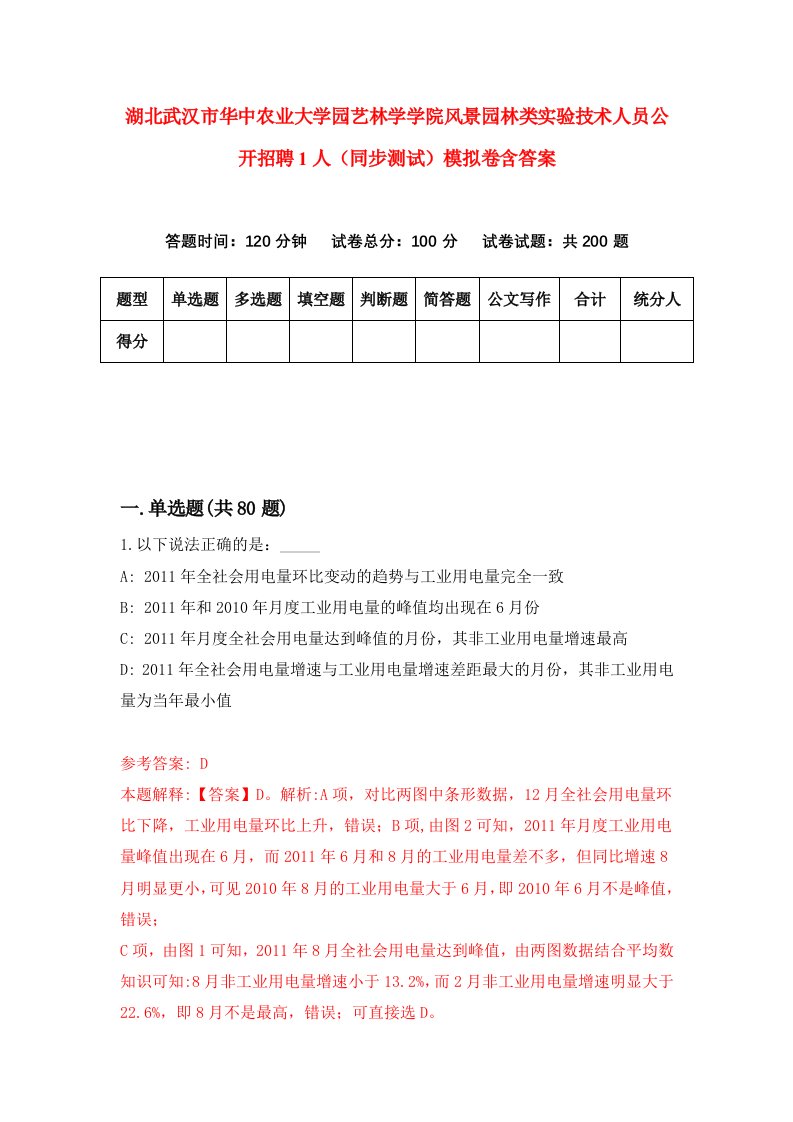 湖北武汉市华中农业大学园艺林学学院风景园林类实验技术人员公开招聘1人同步测试模拟卷含答案1