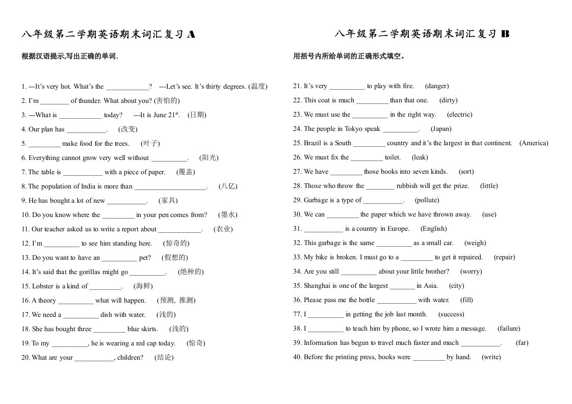 八年级第二学期英语期末词汇复习A4