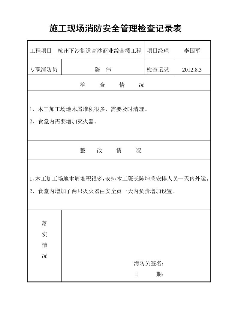 施工现场消防安全管理检查记录表