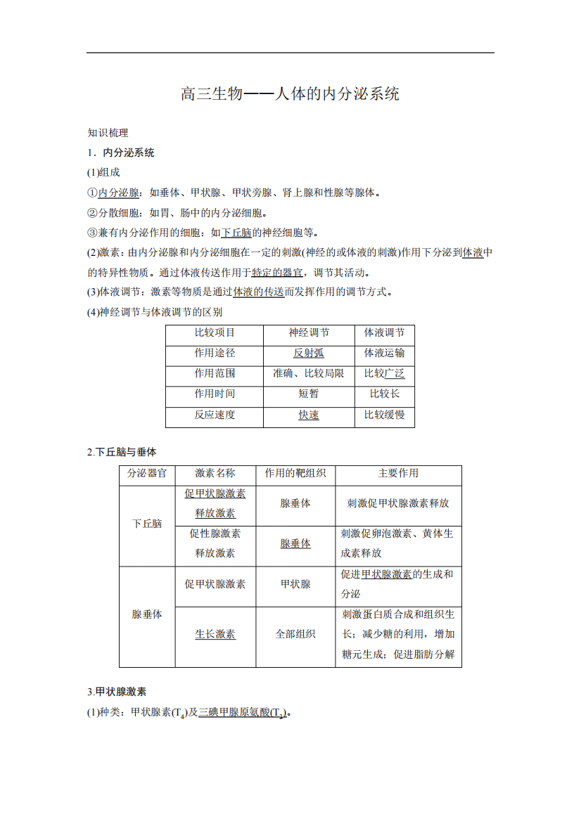 高三生物——人体的内分泌系统