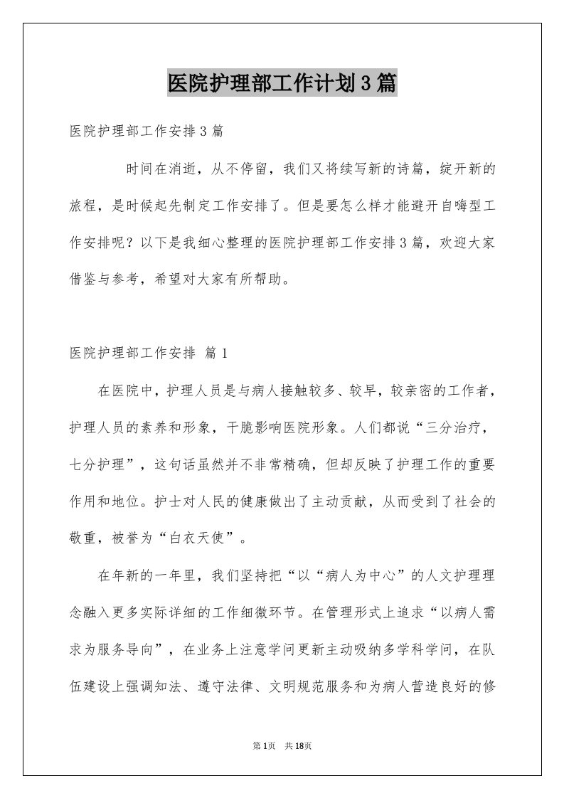 医院护理部工作计划3篇例文