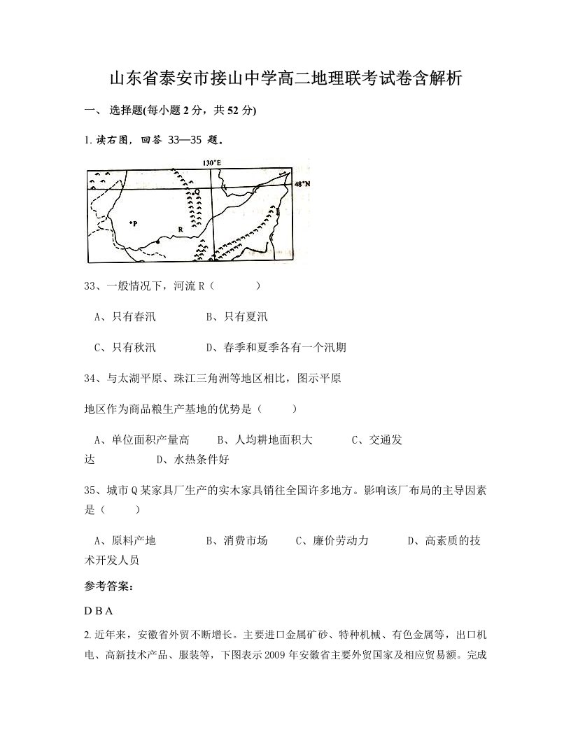 山东省泰安市接山中学高二地理联考试卷含解析