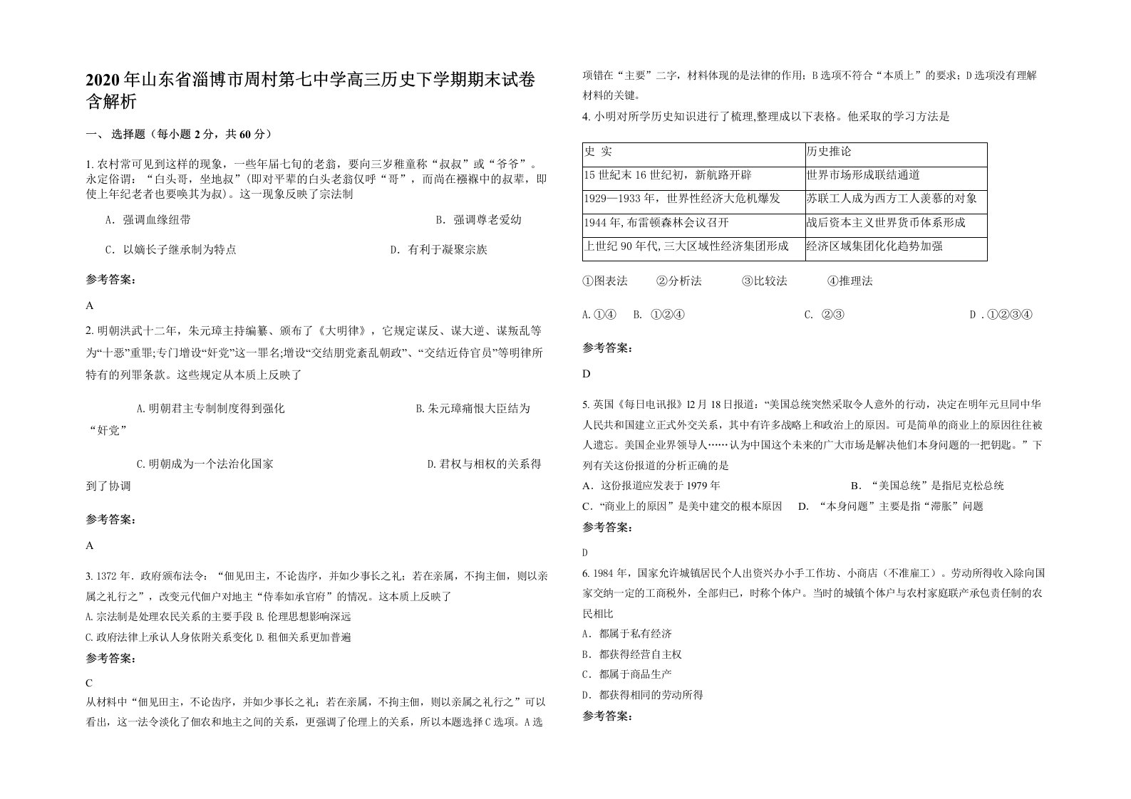 2020年山东省淄博市周村第七中学高三历史下学期期末试卷含解析