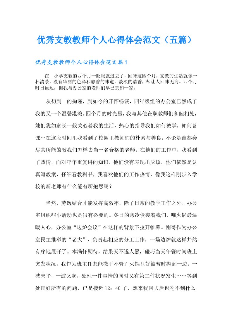 优秀支教教师个人心得体会范文（五篇）