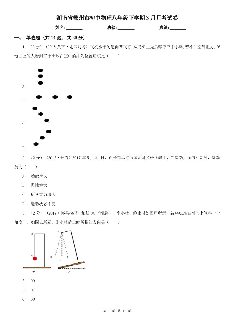 湖南省郴州市初中物理八年级下学期3月月考试卷