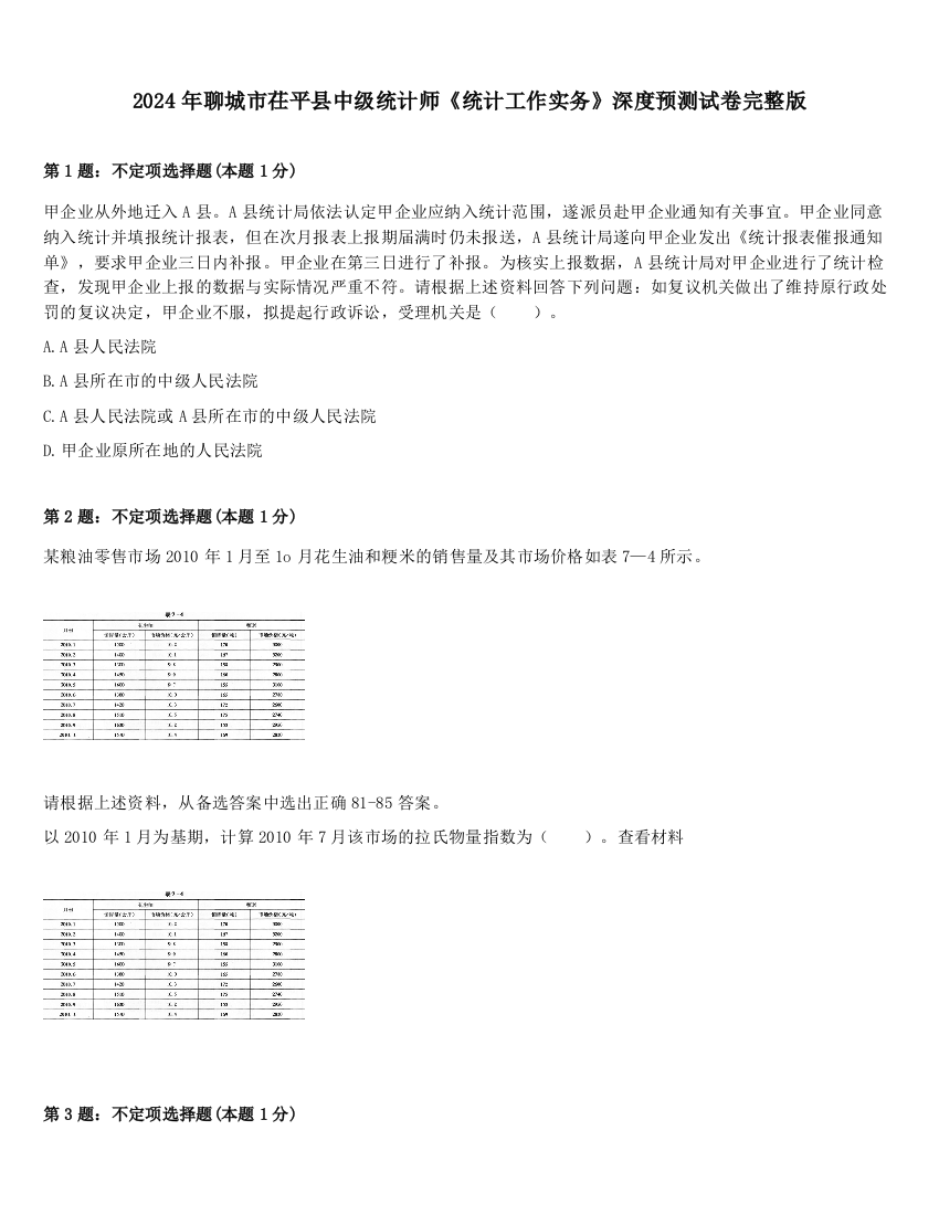 2024年聊城市茌平县中级统计师《统计工作实务》深度预测试卷完整版