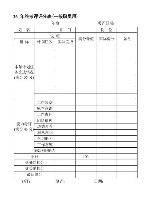 26年终考评评分表（一般职员用）