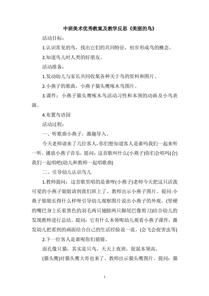 中班美术优秀教案及教学反思《美丽的鸟》