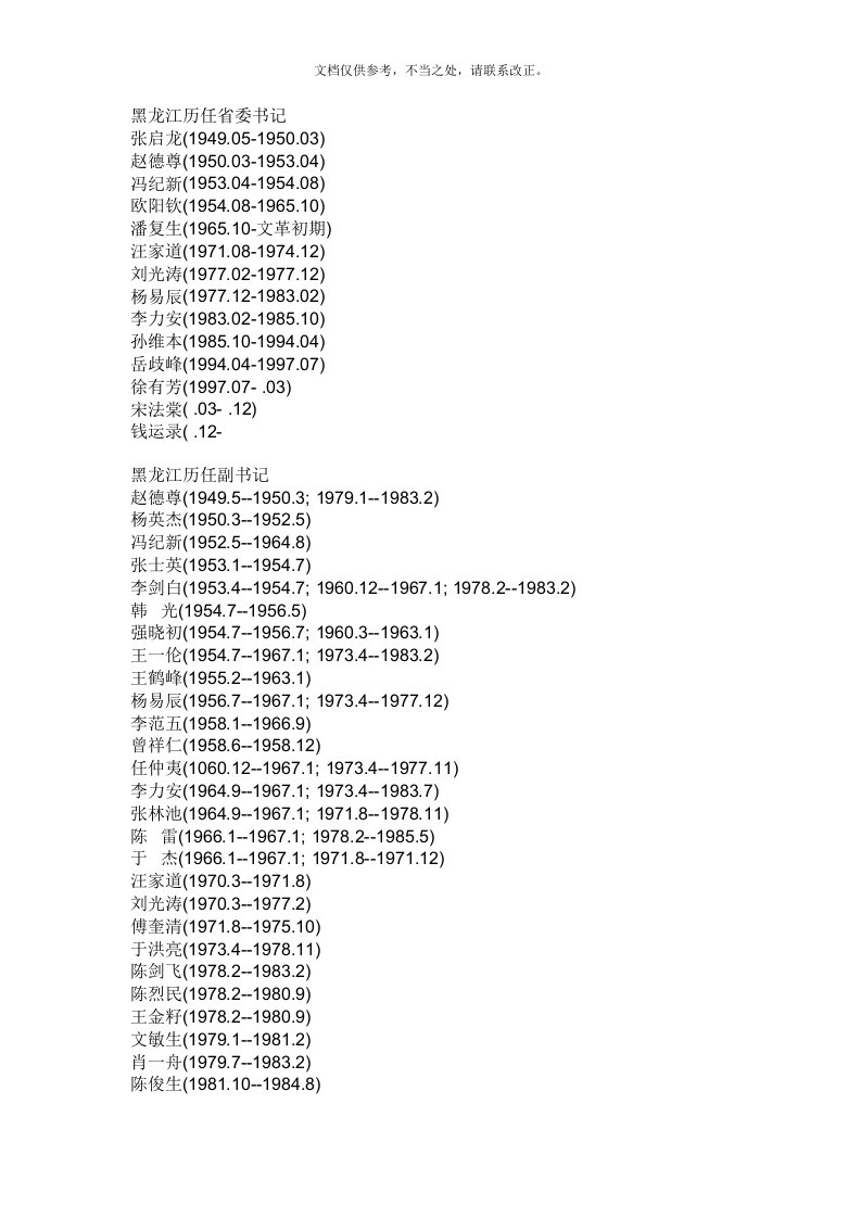 黑龙江历任省委书记