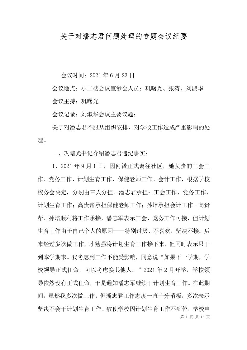 关于对潘志君问题处理的专题会议纪要