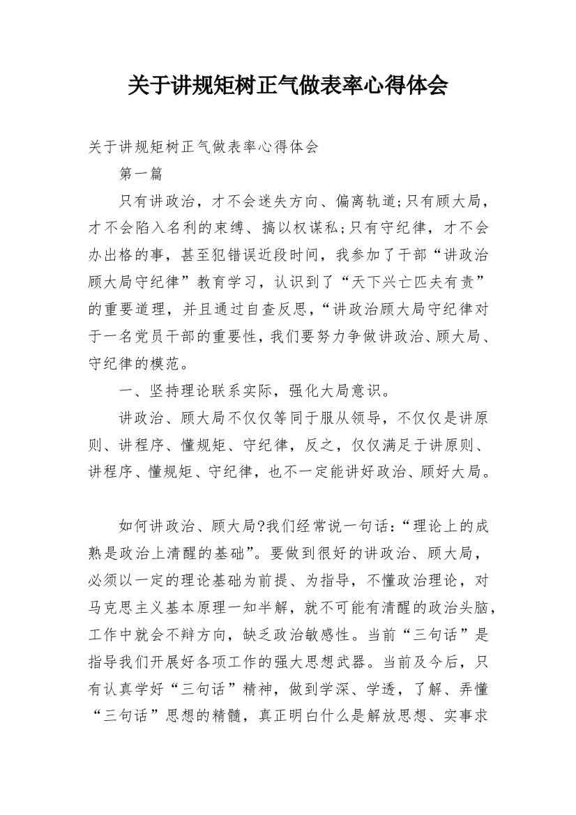 关于讲规矩树正气做表率心得体会