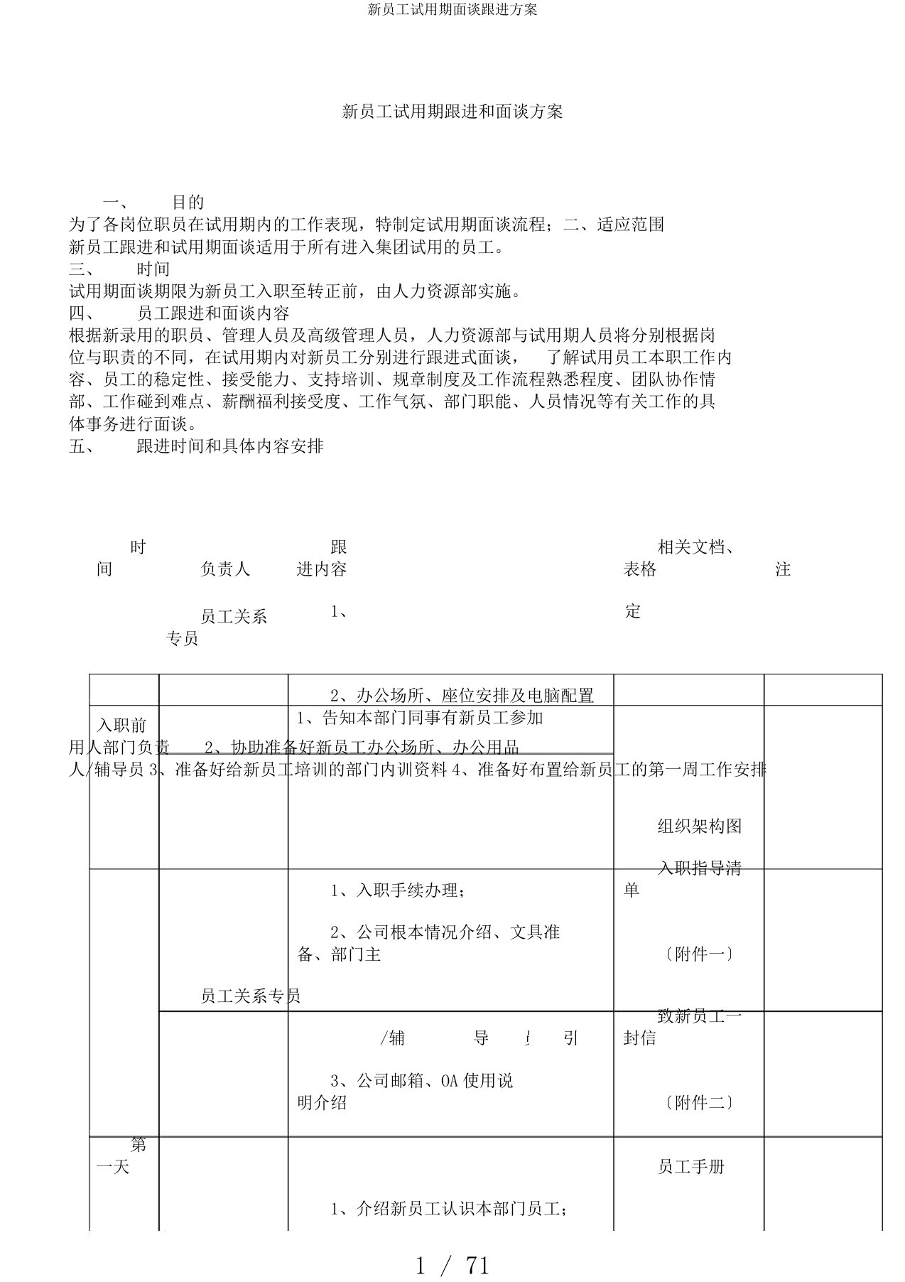 新员工试用期面谈跟进方案