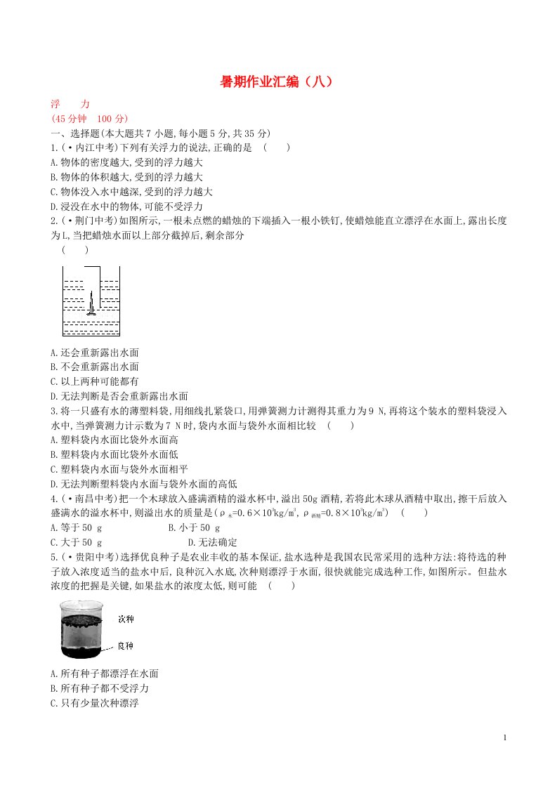 福建省福州市中考物理复习模拟（即暑假作业）试题（八）