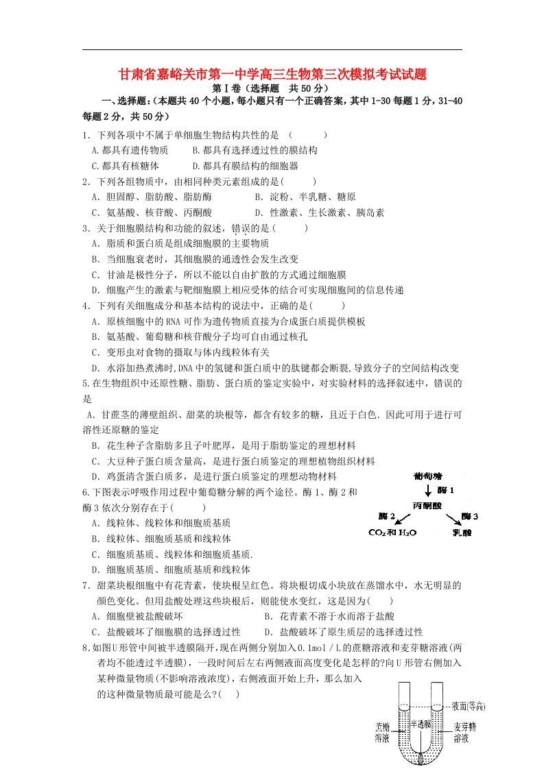 甘肃省嘉峪关市第一中学高三生物第三次模拟考试试题