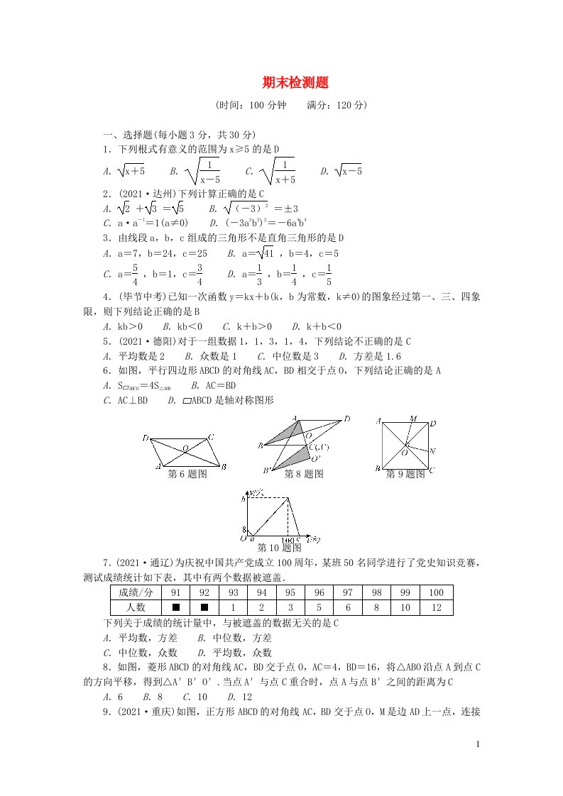 2022八年级数学下学期期末检测题新版新人教版