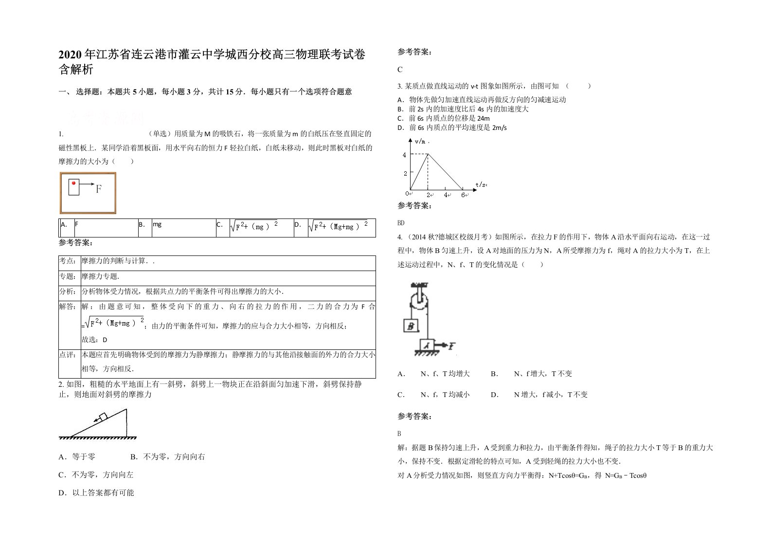 2020年江苏省连云港市灌云中学城西分校高三物理联考试卷含解析