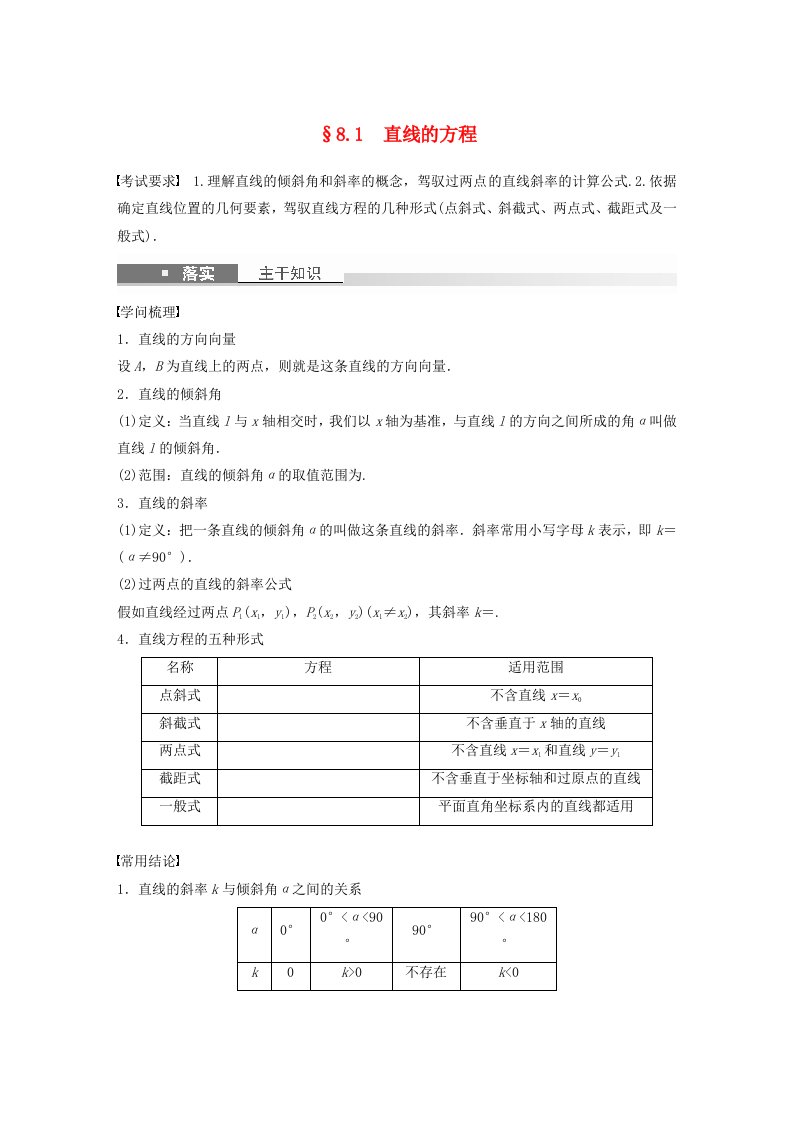 适用于新教材提优版2025届高考数学一轮复习学案第八章直线和圆圆锥曲线8.1直线的方程新人教A版