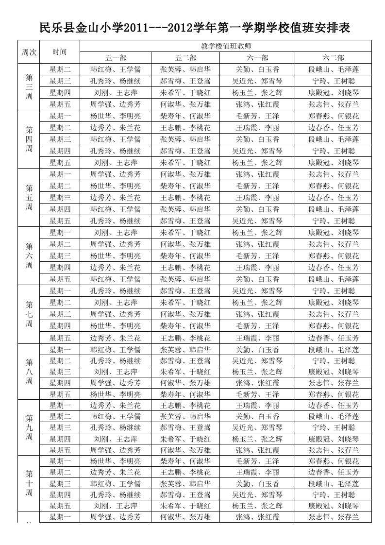 宿舍楼值班安排表