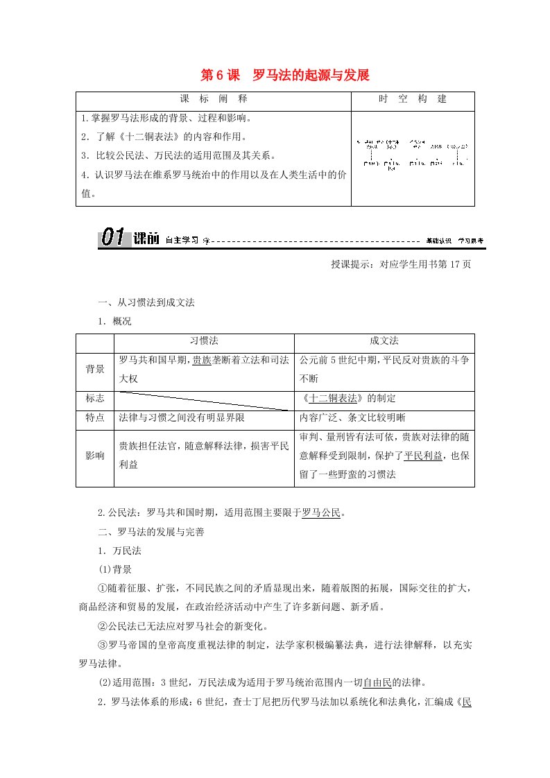 2020_2021学年高中历史第二单元古代希腊罗马的政治制度第6课罗马法的起源与发展学案含解析新人教版必修1