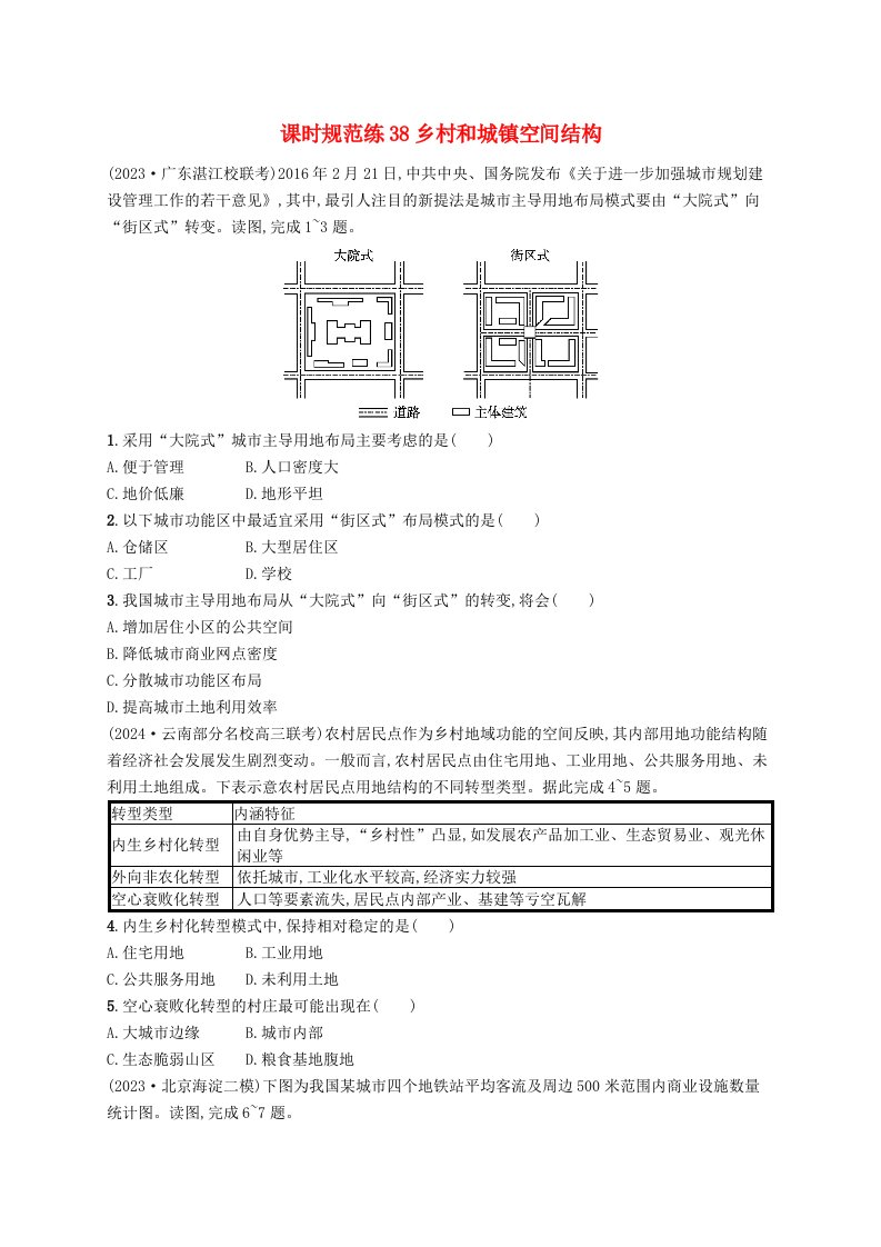 适用于新高考新教材备战2025届高考地理一轮总复习课时规范练38乡村和城镇空间结构