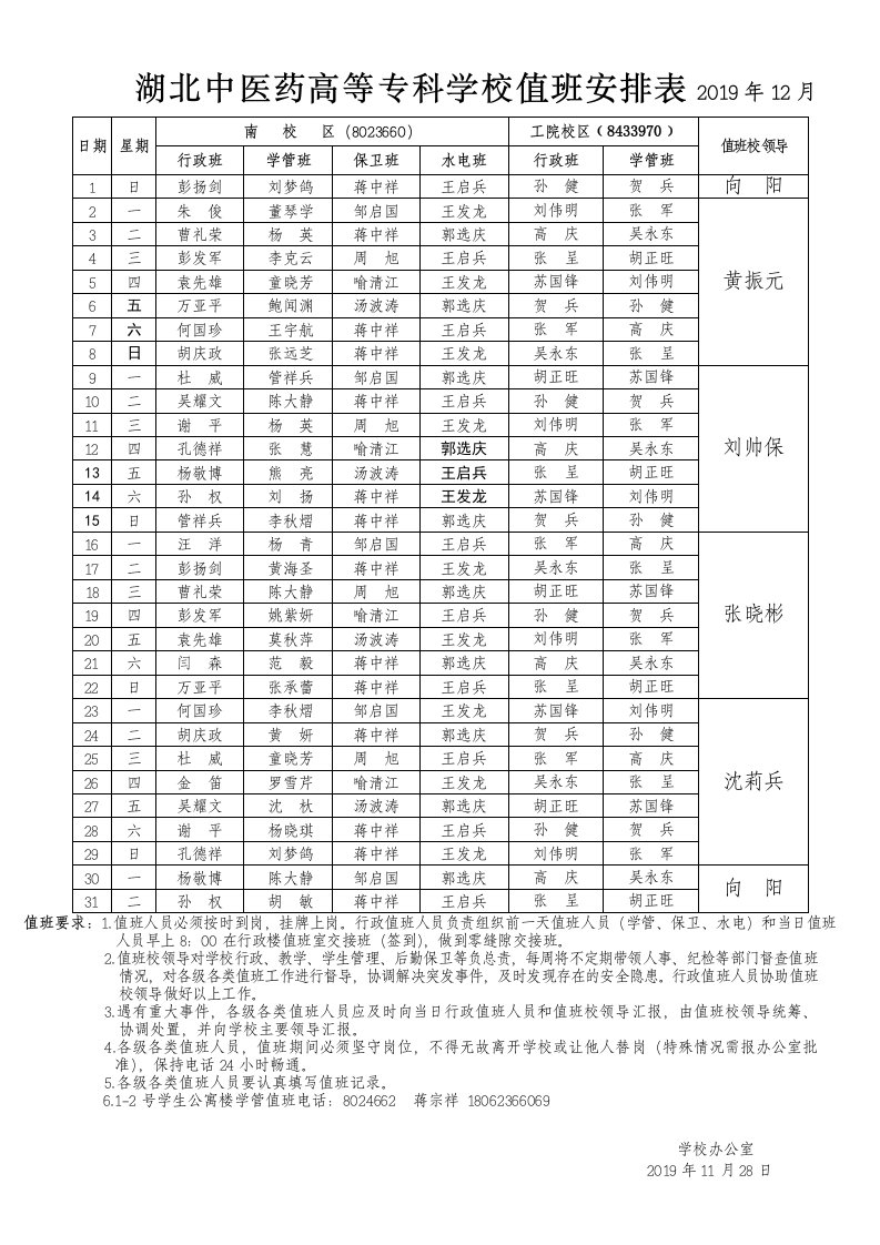 湖北中医药高等专科学校值班安排表2019年12月