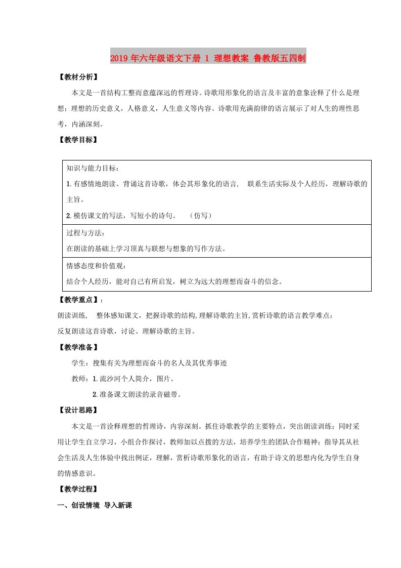 2019年六年级语文下册