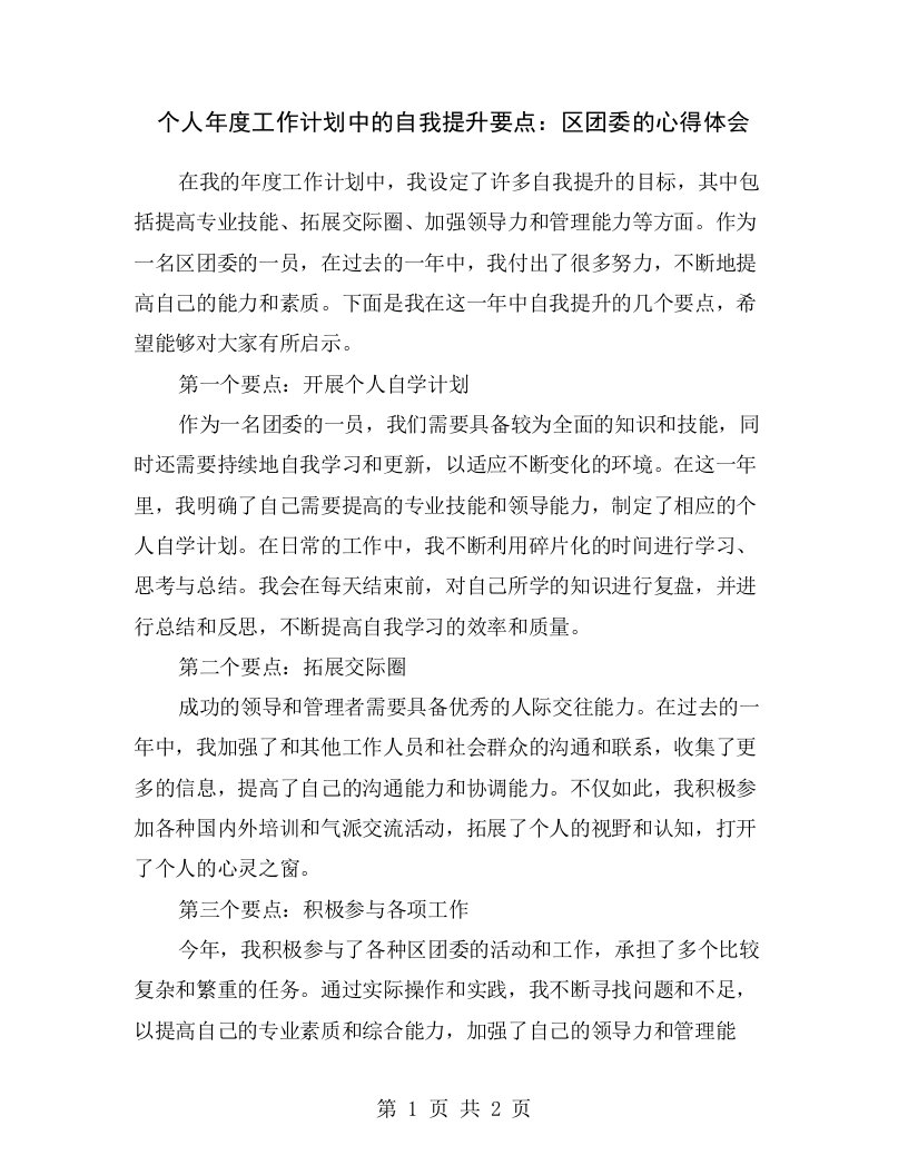 个人年度工作计划中的自我提升要点：区团委的心得体会