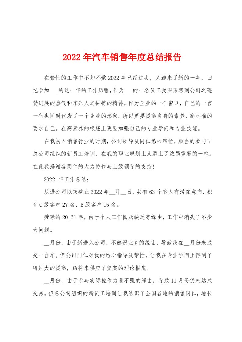 2022年汽车销售年度总结报告