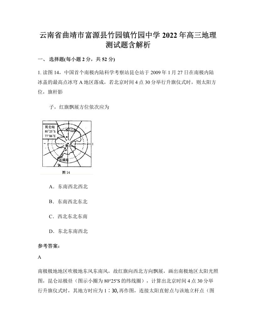 云南省曲靖市富源县竹园镇竹园中学2022年高三地理测试题含解析