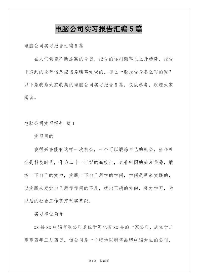 电脑公司实习报告汇编5篇